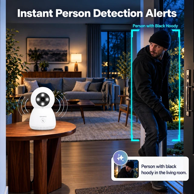 Alt view image 6 of 7 - NOMADVIZ 5MP 3K Indoor Camera, Pet/Baby Security Camera with Phone App | One-Touch Call, Color Night Vision, AI Motion Detection & Tracking, Two-Way Audio, 5G/2.4G Dual-Band Wi-Fi, Alexa Compatible