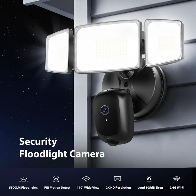 Alt view image 3 of 7 - Hardwired Floodlight Camera Outdoor, Flood Light Security Cam Black | 5500LM 2K HD with Motion Sensor, Color Night Vision, 2-Way Audio, Built-in Siren, 24/7 Record, 2.4GHz WiFi, Works with Alexa