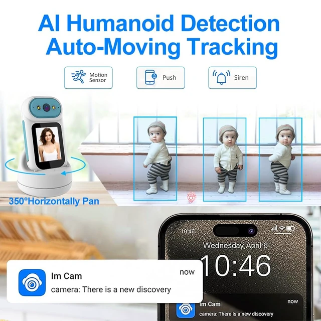Alt view image 6 of 7 - Video Calling Handheld Security Camera Indoor,Nanny Camera Baby Camera Pet Camera,2-Way Video Call 350°Pan Cameras for Home Security,Move Tracking,Alarm Push 1080P 2.8inch Screen,Night Vision