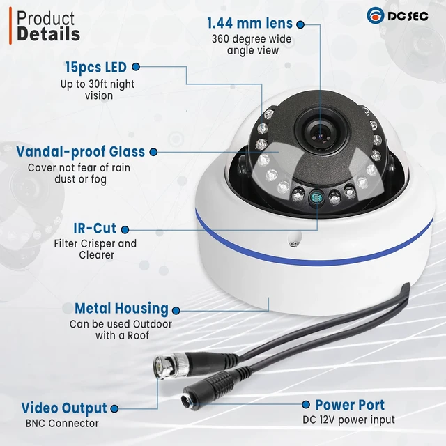 Alt view image 3 of 6 - DCSEC HD 1080P 360 Degree Dome Surveillance Cameras Indoor Outdoor 4 in 1 (TVI/AHD/CVI/CVBS BNC Analog System) 1.44mm Fisheye CCTV View Round Wide Angle Security Camera Coax