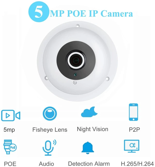 Alt view image 2 of 7 - REVODATA HD 5MP Fisheye POE IP Camera with Microphone, Indoor Security Camera Audio 1.7mm Lens 180° IR Night Vision P2P CCTV Video POE IP, H.265 Motion Detection (IF04-P-Audio-HS)