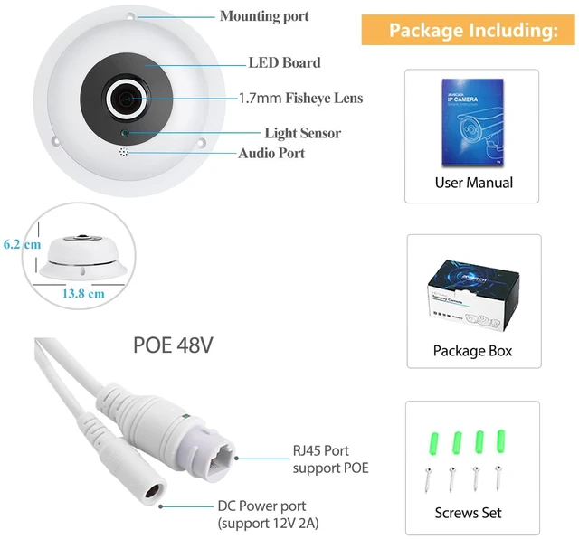 Alt view image 7 of 7 - REVODATA HD 5MP Fisheye POE IP Camera with Microphone, Indoor Security Camera Audio 1.7mm Lens 180° IR Night Vision P2P CCTV Video POE IP, H.265 Motion Detection (IF04-P-Audio-HS)