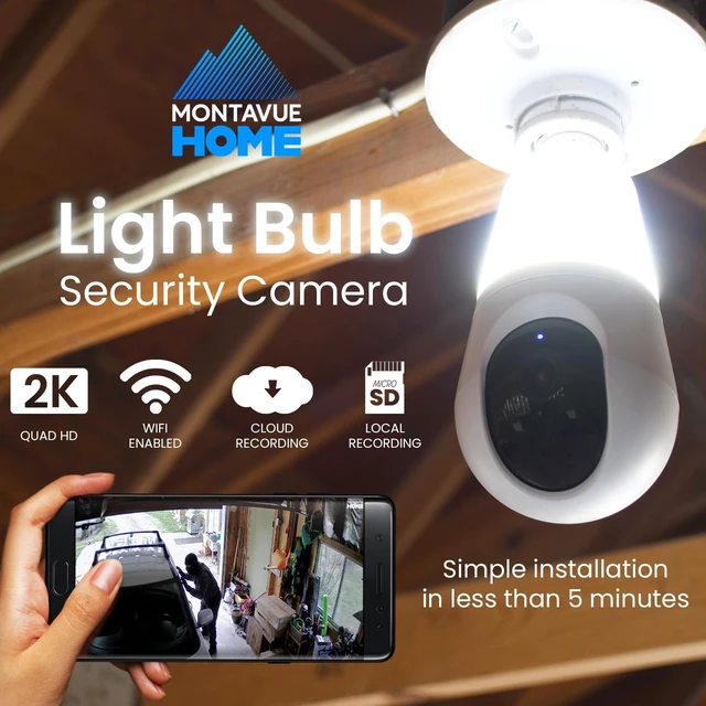 Alt view image 3 of 5 - Montavue Light Bulb Security Camera, 4MP 2K, Human and Vehicle Detection, Indoor Outdoor, Wi-Fi, Two-Way Audio, Night Vision, Cloud Recording, MHL-4-101
