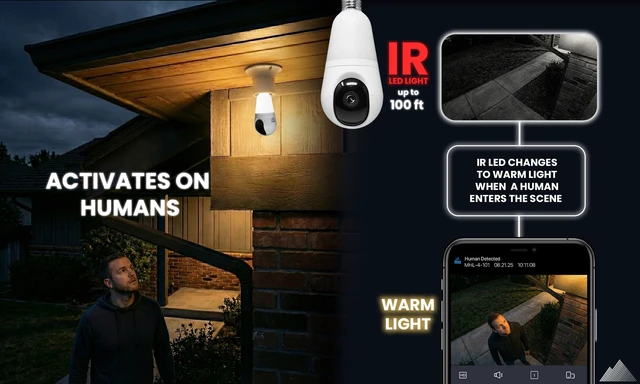 Alt view image 4 of 5 - Montavue Light Bulb Security Camera, 4MP 2K, Human and Vehicle Detection, Indoor Outdoor, Wi-Fi, Two-Way Audio, Night Vision, Cloud Recording, MHL-4-101