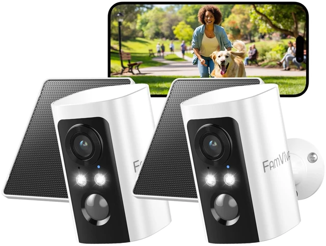 Main image of FAMVIVA 2K Security Cameras Wireless Outdoor with Solar Panels, Battery Powered Cameras for Home Security, Color Night Vision, AI Motion Detection, Spotlight & Siren Alarm, 2.4GHz, WaterproofWhite-2P