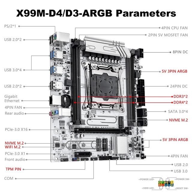 Alt view image 6 of 7 - MACHINIST X99M-D4/D3-ARGB Intel LGA 2011-V3 Motherboard, Gaming PC M-ATX | Supports Xeon E5 V3/V4 and Core i7 5th/6th processors, DDR3 DDR4, dual NVMe, TPM slot, WIFI M.2, Gigabit LAN, PCIe 3.0x16