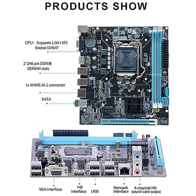 Alt view image 4 of 7 - H61 LGA 1155 Gaming ATX Motherboard for LGA1155 Socket I3 I5 I7, Channel 8GB DDR3, VGA 100Mbps LAN, HDMI, PCIe 3.0 x16 Slot, PCIe x1, M.2 NVMe NGFF Slot
