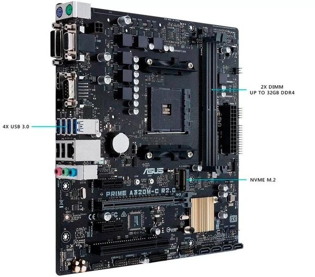 Alt view image 4 of 6 - ASUS Prime A320M-C R2.0 AMD Ryzen AM4 DDR4 HDMI DVI-D VGA M.2 USB 3.0 Micro-ATX A320 Motherboard