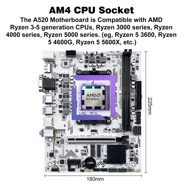 Alt view image 2 of 7 - SHANGZHAOYUAN A520M-GL Motherboard AMD AM4 for Ryzen 3-5th gen CPUs DDR4 | M-ATX, PCIe 3.0, NVME/NGFF M.2, WIFI M.2, SATA 3.0, Gigabit Network, PCIe 3.0