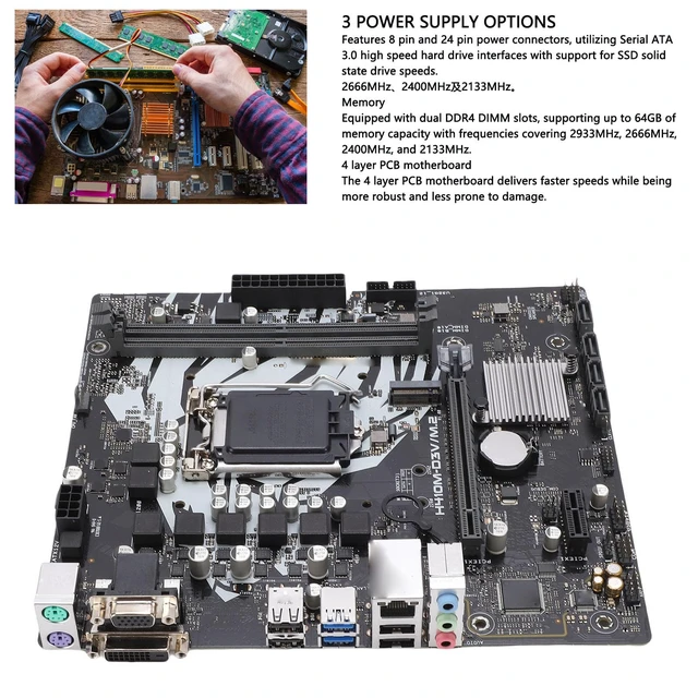 Alt view image 2 of 7 - Jectse Computer Motherboard, LGA 1200 DDR4 2933 2666 2400 2133MHz Dual Channel Mainboard with 4xSATA3.0, 4xUSB2.0, 1xPCIEx16, for 10th Gen Core Pentium Celeron Processors