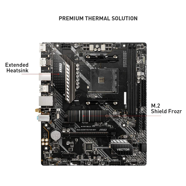 Alt view image 2 of 7 - MSI MAG A520M Vector WiFi Gaming Motherboard (AMD AM4, DDR4, PCIe 3.0, SATA 6Gb/s, 1* M.2, USB 3.2 Gen 1, HDMI/DP, WiFi 5, Micro-ATX)