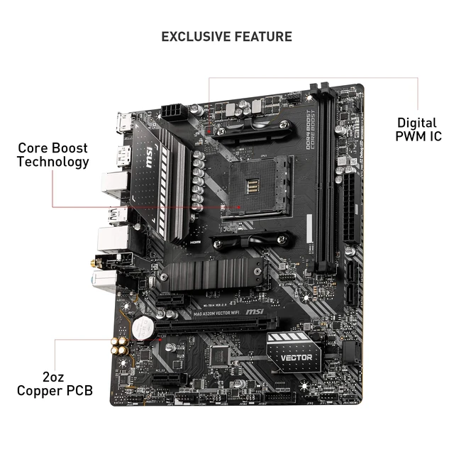Alt view image 3 of 7 - MSI MAG A520M Vector WiFi Gaming Motherboard (AMD AM4, DDR4, PCIe 3.0, SATA 6Gb/s, 1* M.2, USB 3.2 Gen 1, HDMI/DP, WiFi 5, Micro-ATX)