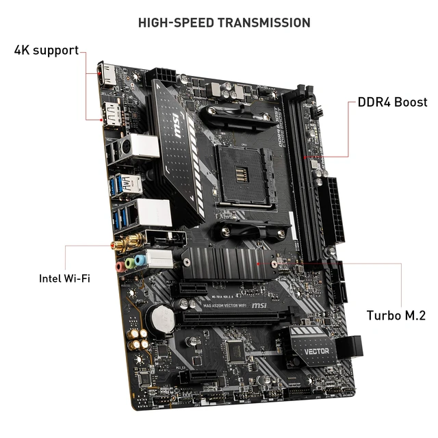 Alt view image 4 of 7 - MSI MAG A520M Vector WiFi Gaming Motherboard (AMD AM4, DDR4, PCIe 3.0, SATA 6Gb/s, 1* M.2, USB 3.2 Gen 1, HDMI/DP, WiFi 5, Micro-ATX)