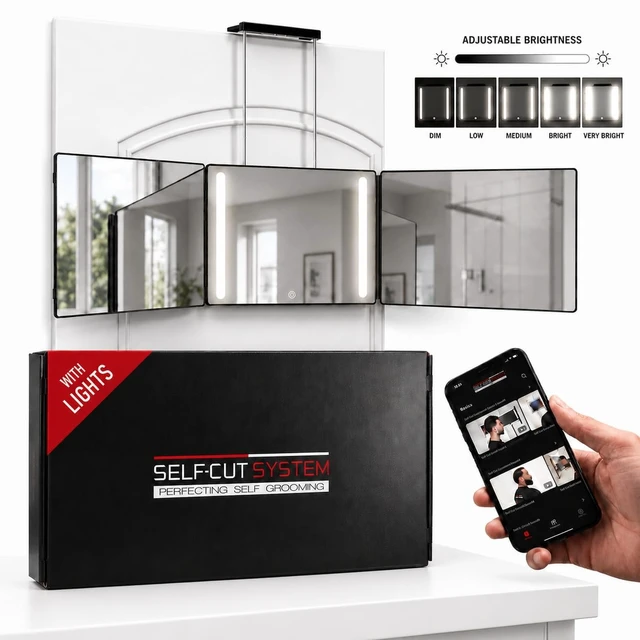 Alt view image 2 of 7 - Self-Cut System 3 Way Mirror with LED Lights 14 L x 1 W - Black | 360-Degree Portable Trifold Mirror for Men & Women, Impact-Resistant Glass Fold Flat Design, Retractable Hooks Fits Door