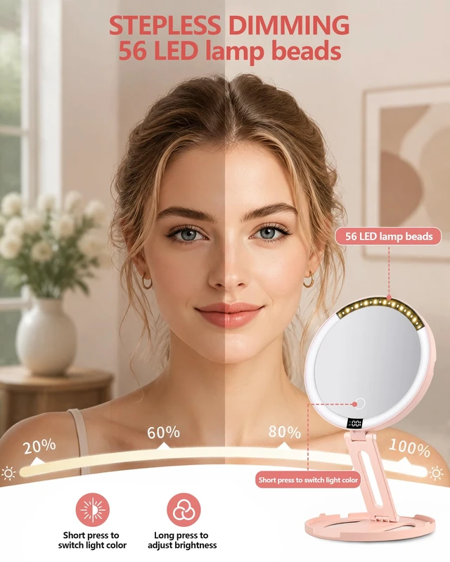 Alt view image 4 of 7 - ATUSGOY Foldable Travel Makeup Mirror with Lights 20X/1X Magnifying Mirror | Double-Sided Travel Magnifying Mirror With 3 Color Modes & Rechargeable,Dimmable Touch Screen, Smart Display