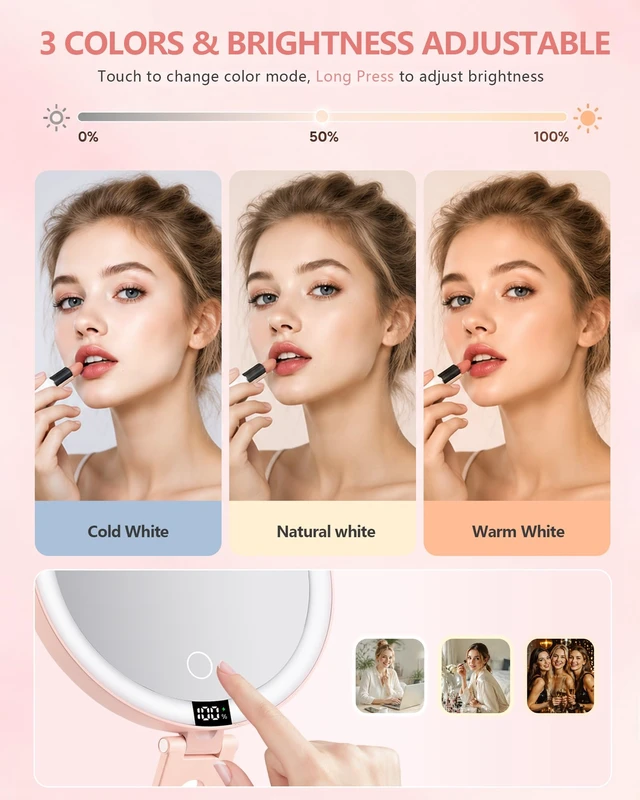 Alt view image 5 of 7 - ATUSGOY Foldable Travel Makeup Mirror with Lights 20X/1X Magnifying Mirror | Double-Sided Travel Magnifying Mirror With 3 Color Modes & Rechargeable,Dimmable Touch Screen, Smart Display