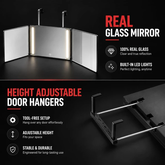 Alt view image 6 of 7 - Self-Cut System 3 Way Mirror with LED Lights 14 L x 1 W - Black | 360-Degree Portable Trifold Mirror for Men & Women, Impact-Resistant Glass Fold Flat Design, Retractable Hooks Fits Door