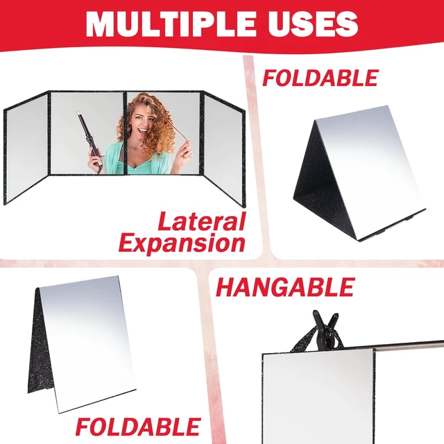 Alt view image 3 of 7 - MEPIG Foldable Acrylic Full Length Mirror, Black, Four-Fold, Thickened | Wall & Table, Portable, Glitter Surface, 360° 3 Way View, for Dance Bedroom Wardrobe Stage Makeup Checks Travel Camping Use