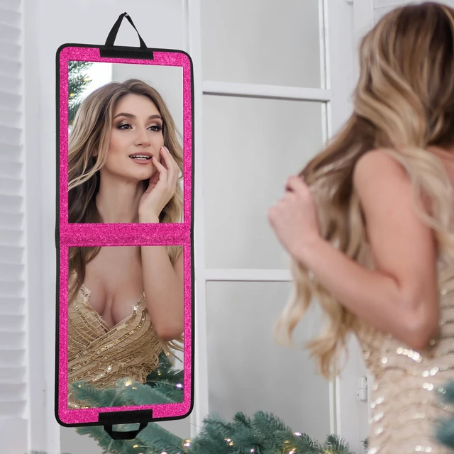 Main image of LPHUMEX Sparkle Hot Pink Folding Mirror 13x33, Foldable Full-Length Travel Mirror 3-Way Use, Perfect for Dance, Festivals, RV
