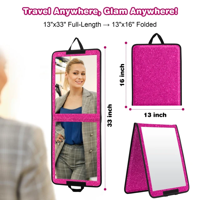 Alt view image 2 of 7 - LPHUMEX Sparkle Hot Pink Folding Mirror 13x33, Foldable Full-Length Travel Mirror 3-Way Use, Perfect for Dance, Festivals, RV
