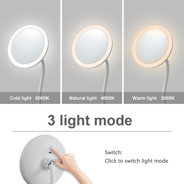 Alt view image 4 of 7 - yngtoue 6.5" Clip on Vanity Makeup Mirror with Light, gooseneck Travel 5X Magnifying Mirror,USB Recharge (White 5X)