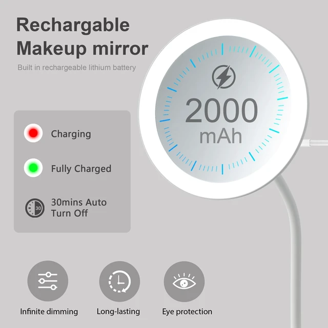Alt view image 5 of 7 - yngtoue 6.5" Clip on Vanity Makeup Mirror with Light, gooseneck Travel 5X Magnifying Mirror,USB Recharge (White 5X)