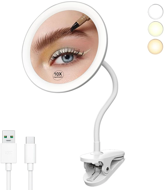 Main image of yngtoue 6.5" Clip on Vanity Makeup Mirror with Light, gooseneck Travel 5X Magnifying Mirror,USB Recharge (White 5X)