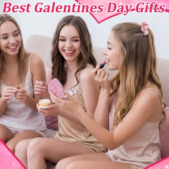 Alt view image 4 of 6 - Suncalla 30 Pcs Galentines Gifts Bulk for Girl Women Valentine's Gifts Include 10 Pink Scrunchies 10 Folding Heart Mirror 10 Fuzzy Socks for Women Friends Female Girls Sister Present Birthday