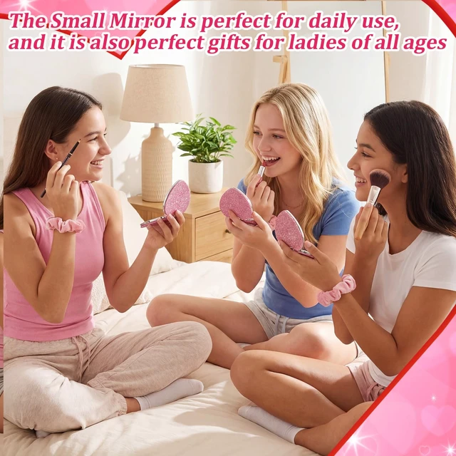 Alt view image 6 of 6 - Suncalla 30 Pcs Galentines Gifts Bulk for Girl Women Valentine's Gifts Include 10 Pink Scrunchies 10 Folding Heart Mirror 10 Fuzzy Socks for Women Friends Female Girls Sister Present Birthday