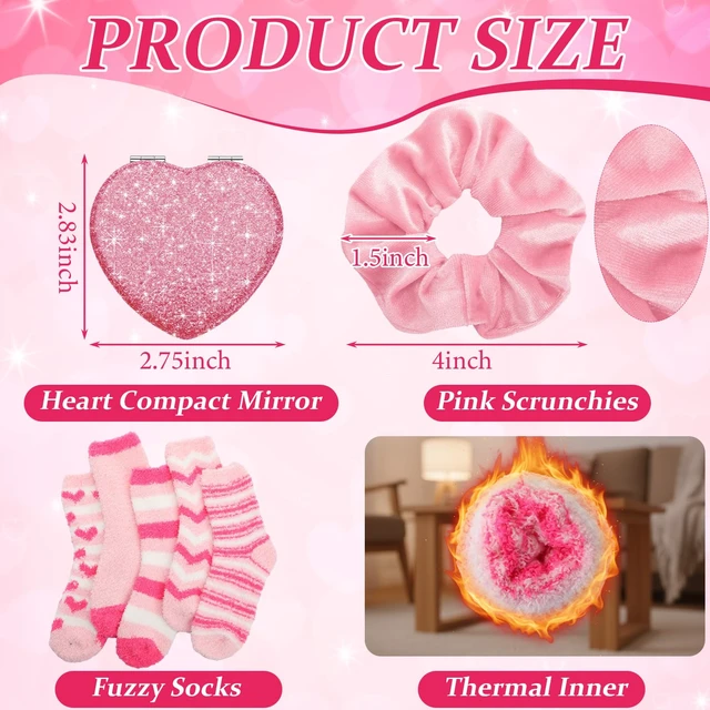 Alt view image 2 of 6 - Suncalla 30 Pcs Galentines Gifts Bulk for Girl Women Valentine's Gifts Include 10 Pink Scrunchies 10 Folding Heart Mirror 10 Fuzzy Socks for Women Friends Female Girls Sister Present Birthday
