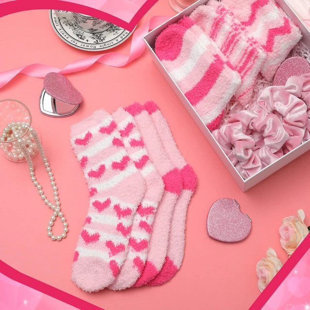 Alt view image 5 of 6 - Suncalla 30 Pcs Galentines Gifts Bulk for Girl Women Valentine's Gifts Include 10 Pink Scrunchies 10 Folding Heart Mirror 10 Fuzzy Socks for Women Friends Female Girls Sister Present Birthday