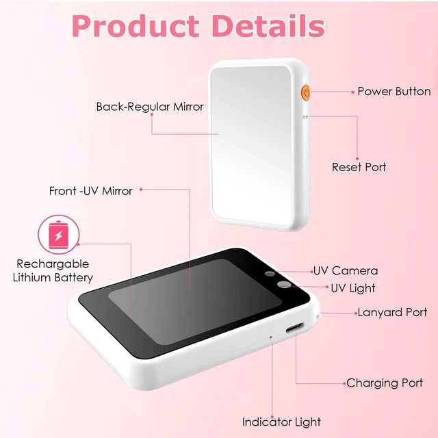 Alt view image 4 of 6 - UV Camera for Sunscreen Test UV Mirror Sunscreen Camera 2.8inch | Rechargeable Vanity Mirror Handheld Double-Sided Pocket Mirror for Skin Protection(White)