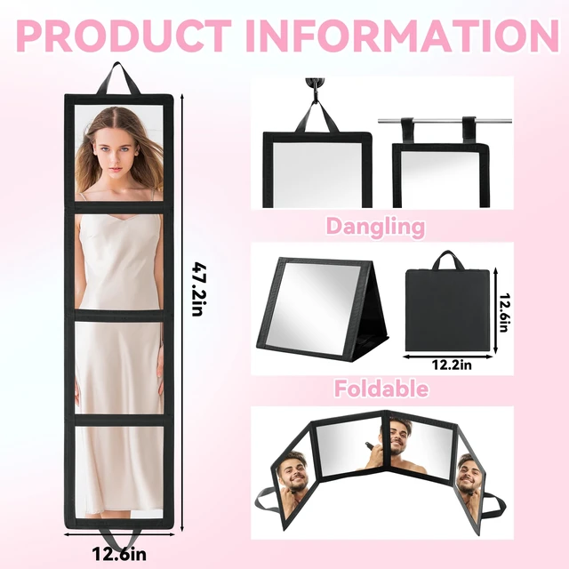 Alt view image 2 of 7 - ROYALAY Foldable Full Length Mirror with Handle, 47 * 13in Four-fold Portable Mirror for Travel Makeup Dancing and Fitting Clothes, Black