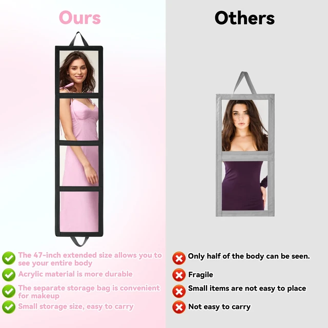 Alt view image 5 of 7 - ROYALAY Foldable Full Length Mirror with Handle, 47 * 13in Four-fold Portable Mirror for Travel Makeup Dancing and Fitting Clothes, Black