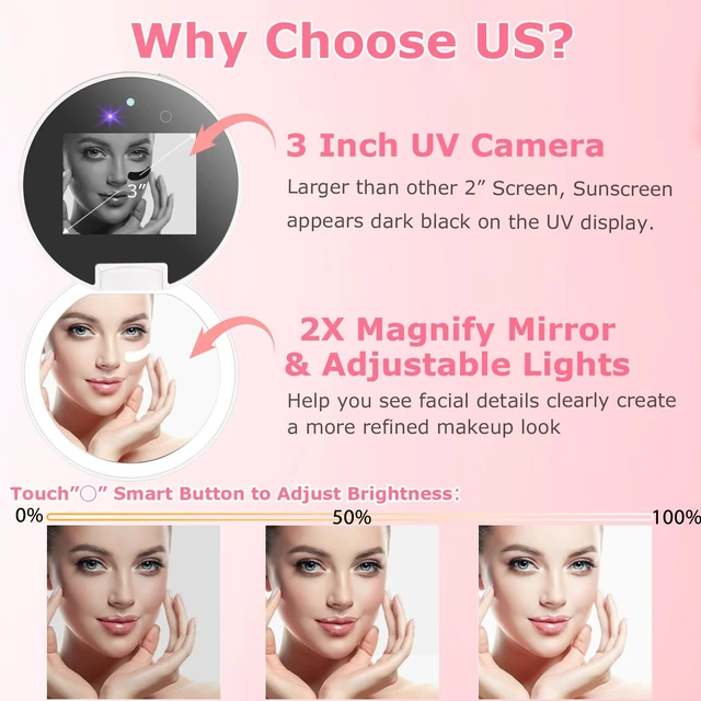 Alt view image 2 of 6 - UV Camera for Sunscreen Test with 2X Magnifying Vanity Mirror 3.8 Inch | Rechargeable UV Mirror Sunscreen Camera with Light Handheld Double-Sided Pocket Mirror for Skin Protection(White)