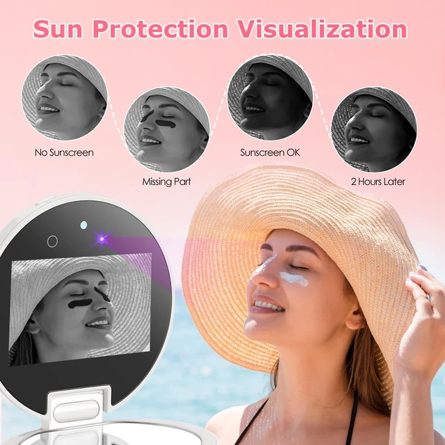 Alt view image 3 of 6 - UV Camera for Sunscreen Test with 2X Magnifying Vanity Mirror 3.8 Inch | Rechargeable UV Mirror Sunscreen Camera with Light Handheld Double-Sided Pocket Mirror for Skin Protection(White)