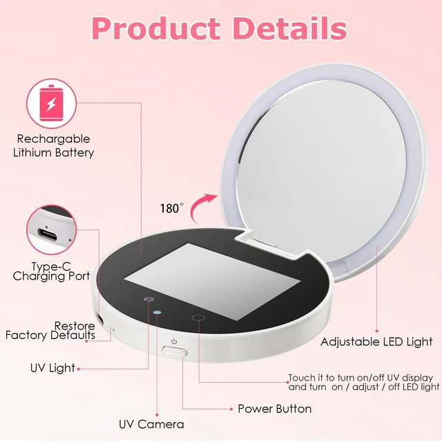 Alt view image 5 of 6 - UV Camera for Sunscreen Test with 2X Magnifying Vanity Mirror 3.8 Inch | Rechargeable UV Mirror Sunscreen Camera with Light Handheld Double-Sided Pocket Mirror for Skin Protection(White)