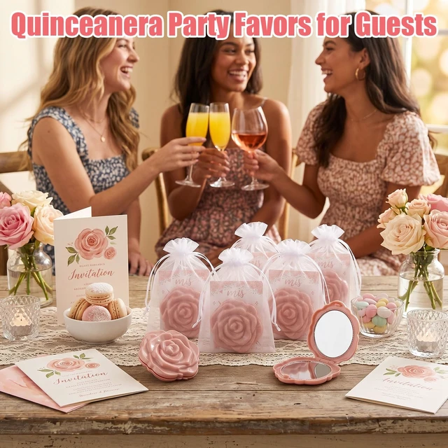 Alt view image 4 of 7 - Yuunheg 50 Sets Quinceanera Party Favors for Guests Rose Design Compact Mirror Bulk for 15th Birthday Sweet Souvenir Gifts with Quinceanera Cards for Wedding Reception Party