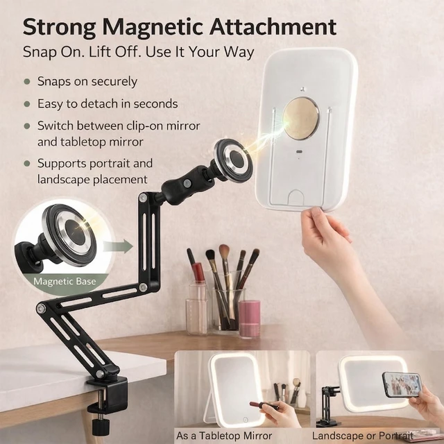Alt view image 3 of 7 - Ezcora Clip On Vanity Mirror with Light for Nearsighted Makeup, Magnetic Detachable Makeup Mirror with Extension Arm, Rechargeable 3 Color Lighted Mirror for Desk, Tabletop or Clamp-On Use