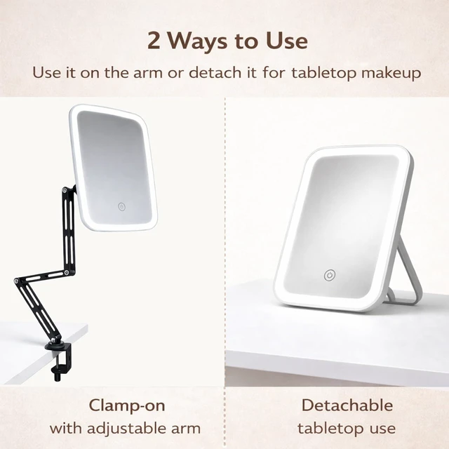 Alt view image 5 of 7 - Ezcora Clip On Vanity Mirror with Light for Nearsighted Makeup, Magnetic Detachable Makeup Mirror with Extension Arm, Rechargeable 3 Color Lighted Mirror for Desk, Tabletop or Clamp-On Use