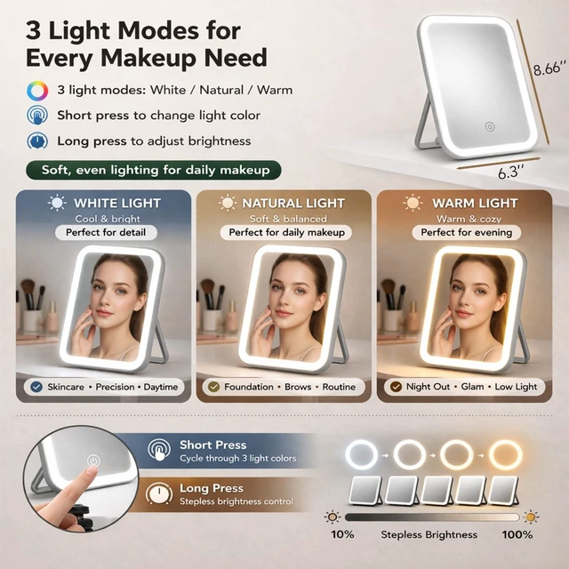 Alt view image 6 of 7 - Ezcora Clip On Vanity Mirror with Light for Nearsighted Makeup, Magnetic Detachable Makeup Mirror with Extension Arm, Rechargeable 3 Color Lighted Mirror for Desk, Tabletop or Clamp-On Use