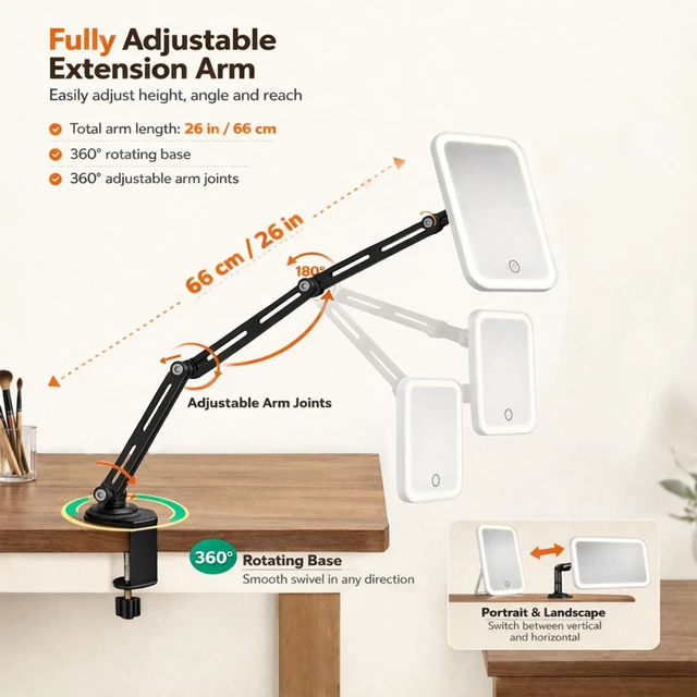 Alt view image 4 of 7 - Ezcora Clip On Vanity Mirror with Light for Nearsighted Makeup, Magnetic Detachable Makeup Mirror with Extension Arm, Rechargeable 3 Color Lighted Mirror for Desk, Tabletop or Clamp-On Use