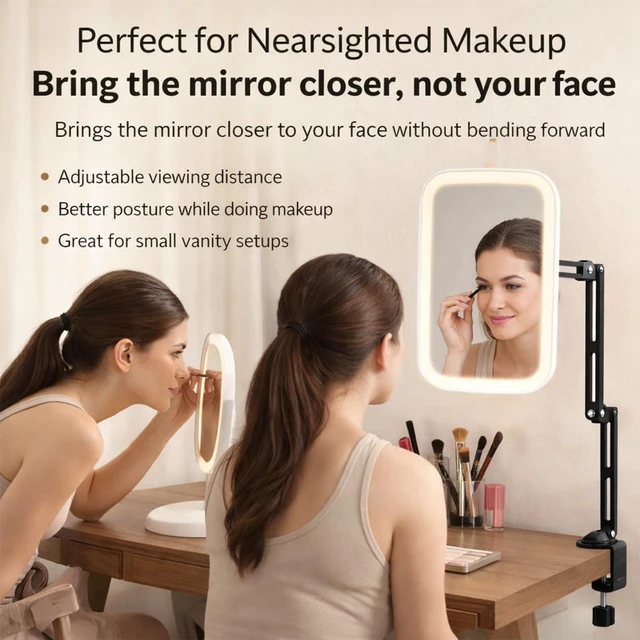 Alt view image 2 of 7 - Ezcora Clip On Vanity Mirror with Light for Nearsighted Makeup, Magnetic Detachable Makeup Mirror with Extension Arm, Rechargeable 3 Color Lighted Mirror for Desk, Tabletop or Clamp-On Use