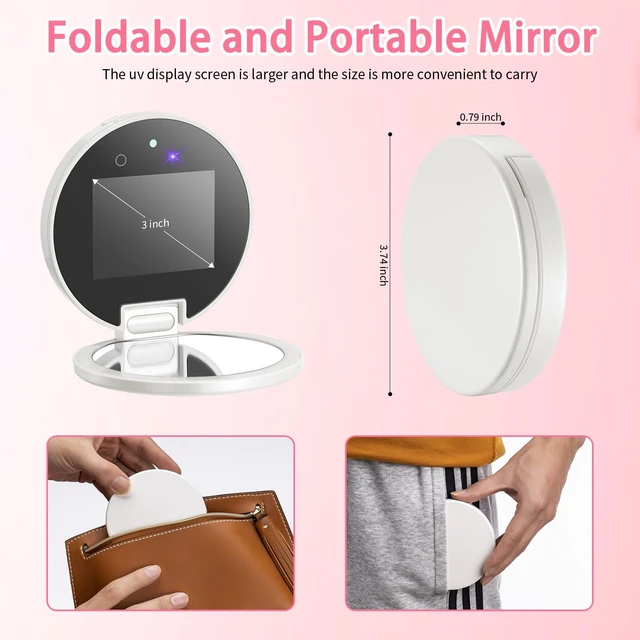 Alt view image 2 of 6 - UV Camera Mirror for Sunscreen Test with 2X Makeup Mirror | with Lights and Magnification, Rechargeable 3.8 Inch Portable Pocket Mirror for Skin Protection