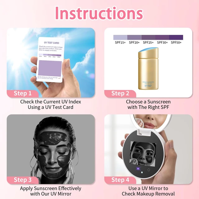 Alt view image 4 of 6 - UV Camera Mirror for Sunscreen Test with 2X Makeup Mirror | with Lights and Magnification, Rechargeable 3.8 Inch Portable Pocket Mirror for Skin Protection