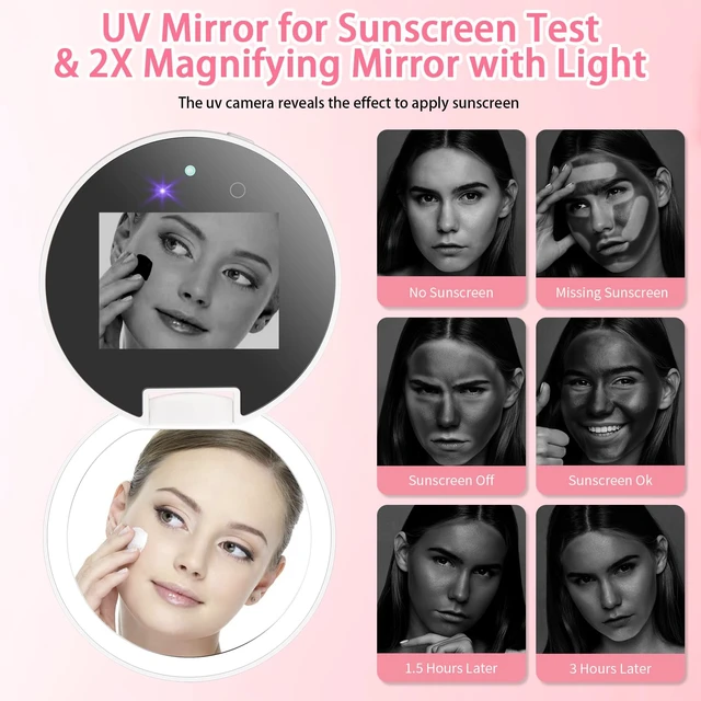 Alt view image 5 of 6 - UV Camera Mirror for Sunscreen Test with 2X Makeup Mirror | with Lights and Magnification, Rechargeable 3.8 Inch Portable Pocket Mirror for Skin Protection