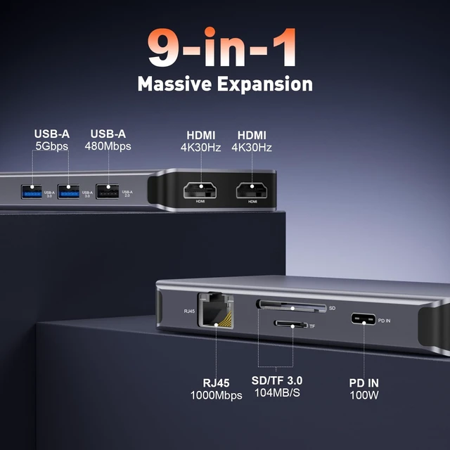 Alt view image 2 of 7 - THANDBLE 9 in 1 Docking Station Dual Monitor, USB C to Dual HDMI Adapter, 1000Mbps LAN, 100W PD, SD/TF 3*USB-A Data Port, HDMI Extended Display Laptop USB C Hub for HP/Dell/XPS/Lenovo/Laptop