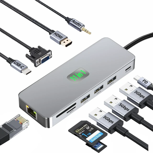 Main image of USB C Docking Station Dual Monitor 11 in 1, 4K@60Hz HDMI & DisplayPort Hub with Gigabit Ethernet, 100W PD, USB 3.0, USB C, SD/TF Card Reader, Compatible with MacBook, Dell, HP, Lenovo, Surface