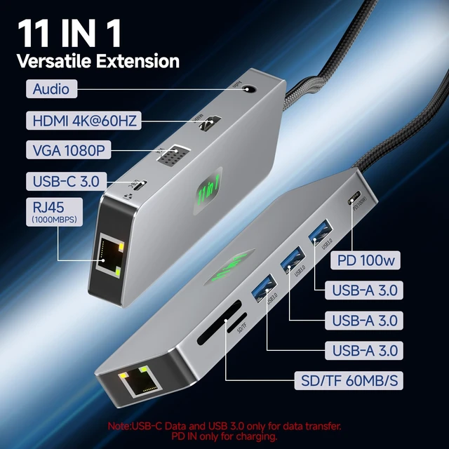 Alt view image 2 of 7 - USB C Docking Station Dual Monitor 11 in 1, 4K@60Hz HDMI & DisplayPort Hub with Gigabit Ethernet, 100W PD, USB 3.0, USB C, SD/TF Card Reader, Compatible with MacBook, Dell, HP, Lenovo, Surface