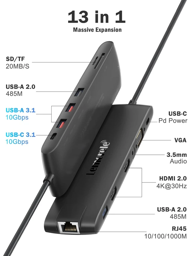 Alt view image 2 of 7 - Lemorele 13-in-1 USB C Docking Station with Triple Display, 2X 4K HDMI, VGA, 100W PD, 6 USB Ports (incl. USB-C 3.2), Gigabit Ethernet, SD/TF Reader, 3.5mm Audio for MacBook/Windows